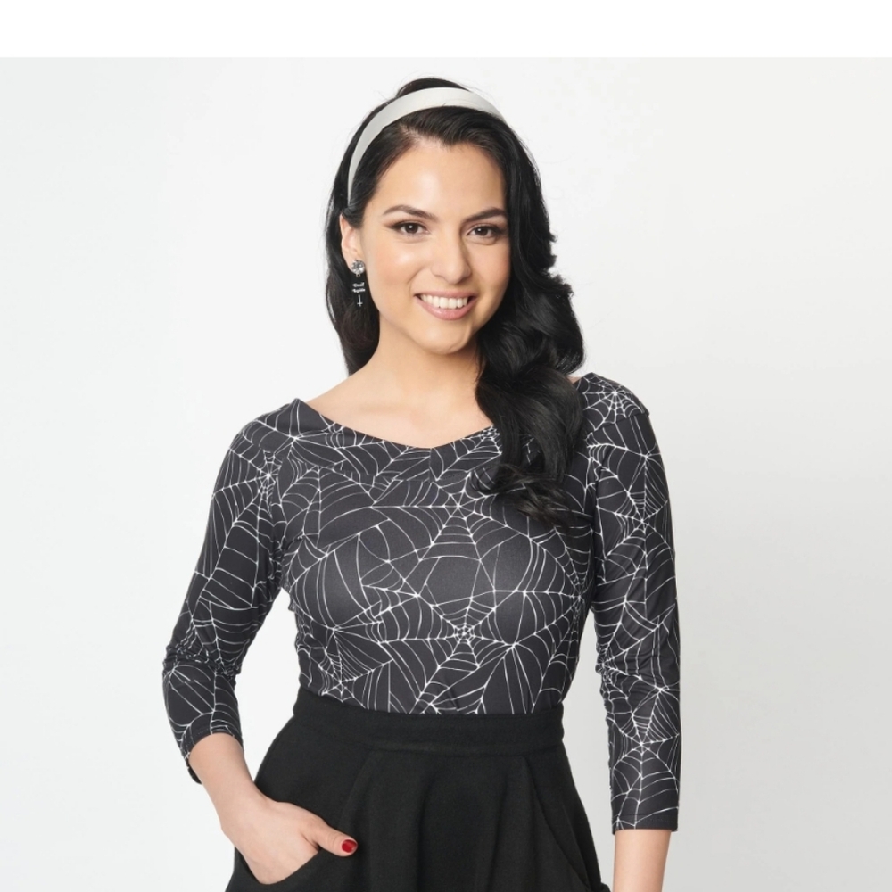 Unique Vintage Black & White Spiderweb Scarlett Top